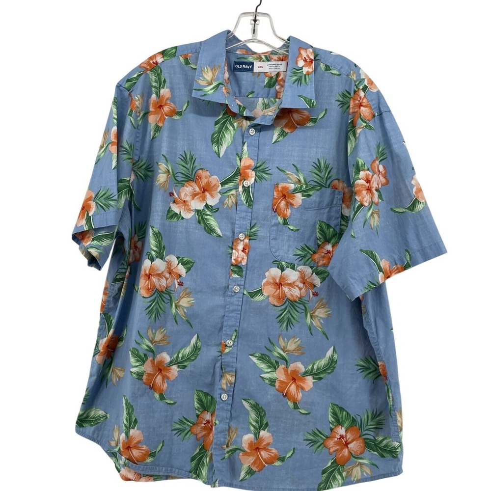 Old Navy Hawaiian Aloha Shirt Mens XXL Blue Floral Hibiscus Built-In Flex